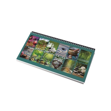 Asztali naptár 320mmx155mm, Meditáció fehérlapok fekvő fekete műbörrel borított tartóval Realsystem 2026. Asztali naptár 320mmx155mm, Meditáció fehérlapok fekvő fekete műbörrel borított tartóval Realsystem 2026.