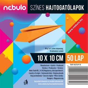 Hajtogatólapok színes 10x10 cm, vegyes színek, 50 lap/csomag, Nebulo Hajtogatólapok színes 10x10 cm, vegyes színek, 50 lap/csomag, Nebulo