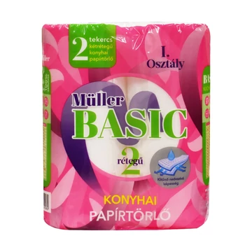 Háztartási papírtörlő kéztörlő 2 rétegű 40 lap/tekercs 2 tekercs/csomag Müller Basic hófehér Háztartási papírtörlő kéztörlő 2 rétegű 40 lap/tekercs 2 tekercs/csomag Müller Basic hófehér