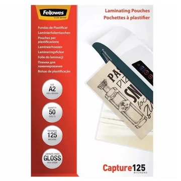 Lamináló fólia, A2, 125 mikron, fényes, 50 db/doboz, Fellowes® Lamináló fólia, A2, 125 mikron, fényes, 50 db/doboz, Fellowes®