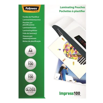 Lamináló fólia, A4, 100 mikron, fényes, 100 db/doboz, Fellowes® Lamináló fólia, A4, 100 mikron, fényes, 100 db/doboz, Fellowes®