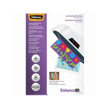 Lamináló fólia, A4, 80 mikron, fényes, öntapadó hátlappal, 100 db/doboz, Fellowes® Lamináló fólia, A4, 80 mikron, fényes, öntapadó hátlappal, 100 db/doboz, Fellowes®