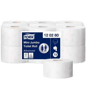 Toalettpapír 2 rétegű közületi átmérő: 18,8 cm 850 lap/170 m/tekercs 12 tekercs/karton Mini Jumbo Tork_120280 fehér Toalettpapír 2 rétegű közületi átmérő: 18,8 cm 850 lap/170 m/tekercs 12 tekercs/karton Mini Jumbo Tork_120280 fehér