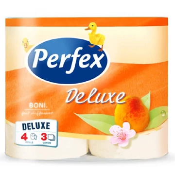 Toalettpapír 3 rétegű 150 lap/tekercs 4 tekercs/csomag barack Boni Perfex DeLuxe Toalettpapír 3 rétegű 150 lap/tekercs 4 tekercs/csomag barack Boni Perfex DeLuxe
