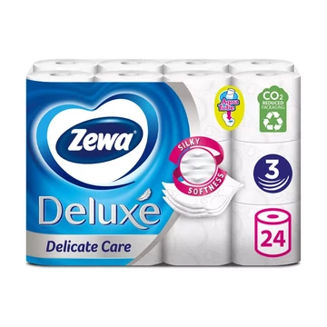 Toalettpapír 3 rétegű kistekercses 100% cellulóz 24 tekercs/csomag Delicate Care Deluxe Zewa hófehér Toalettpapír 3 rétegű kistekercses 100% cellulóz 24 tekercs/csomag Delicate Care Deluxe Zewa hófehér