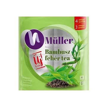 Toalettpapír 4 rétegű 100% cellulóz 8 tekercs/csomag Bambusz Müller fehér tea Toalettpapír 4 rétegű 100% cellulóz 8 tekercs/csomag Bambusz Müller fehér tea